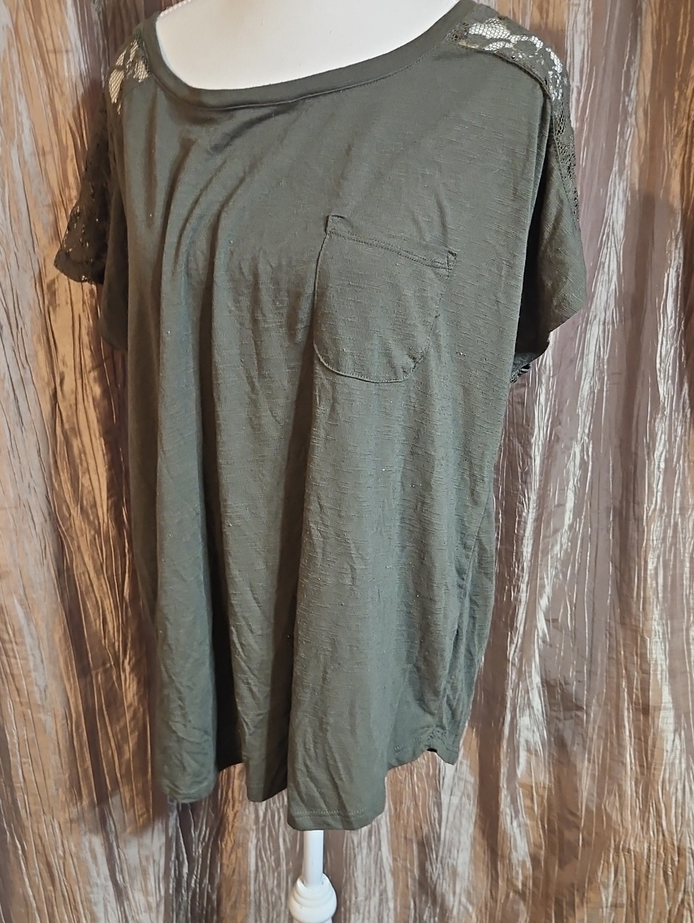 paper tee Olive Green Short Sleeve Pocket Tee with Lace Shoulder